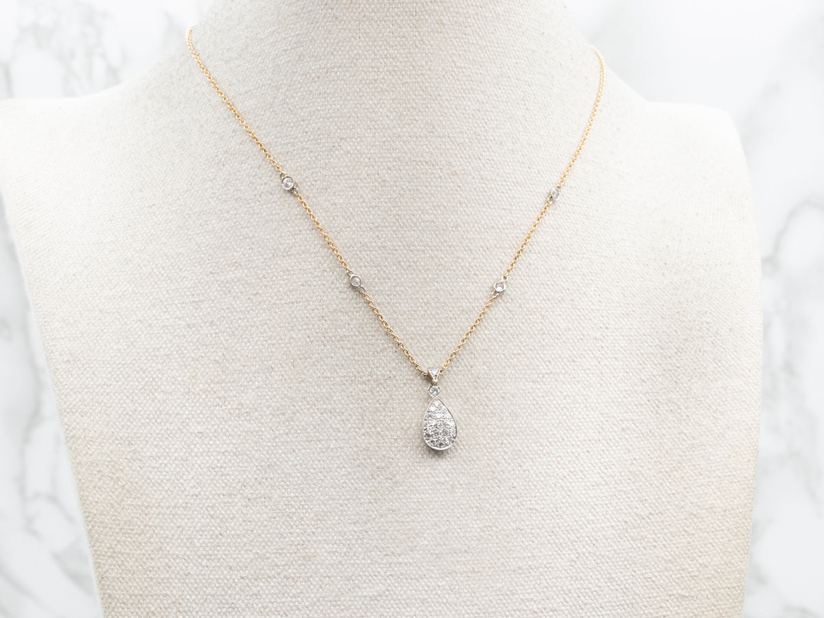 Two Tone Gold Teardrop Diamond Cluster Necklace