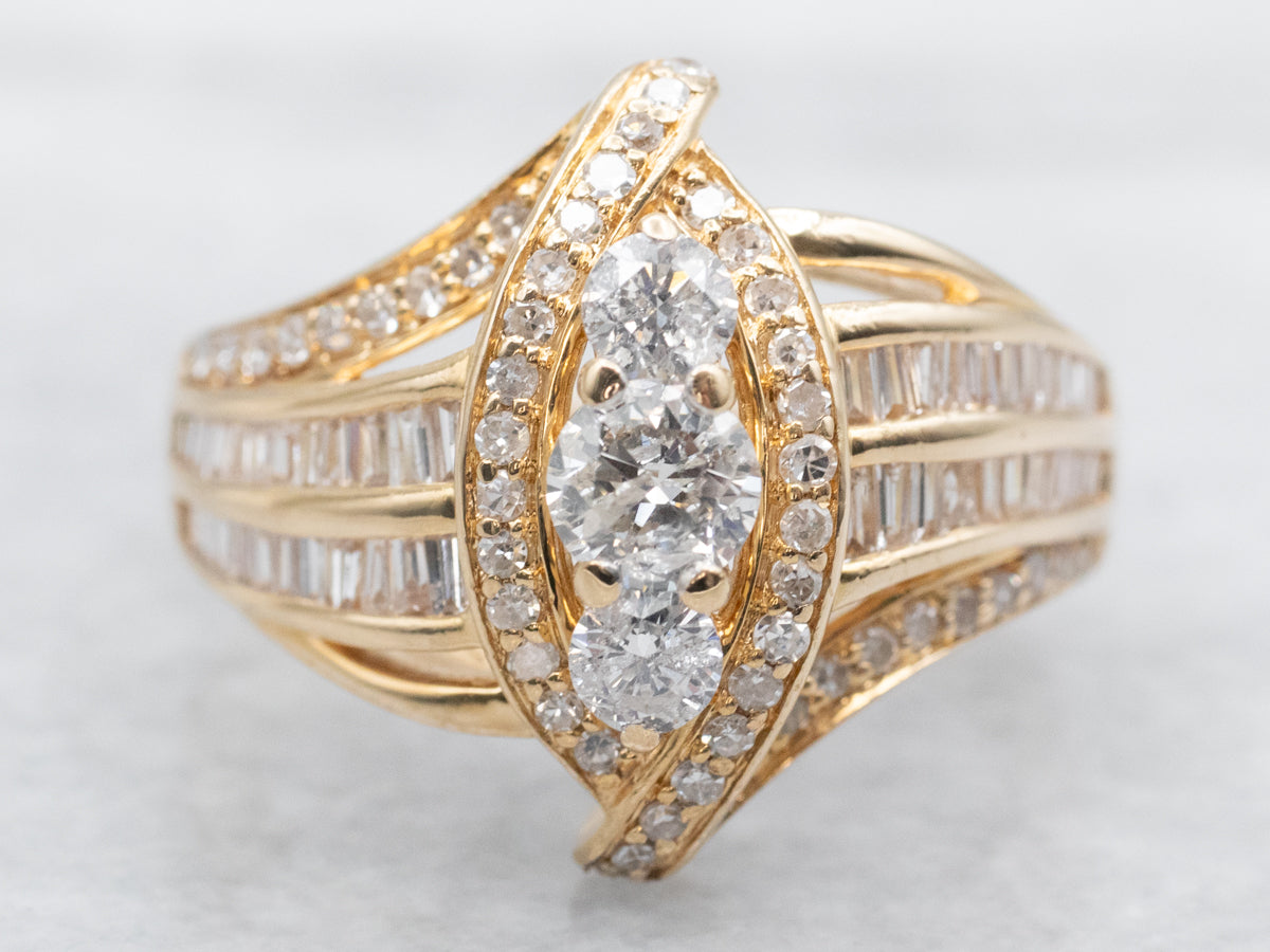 Modern Gold Diamond Bypass Ring with Diamond Accents