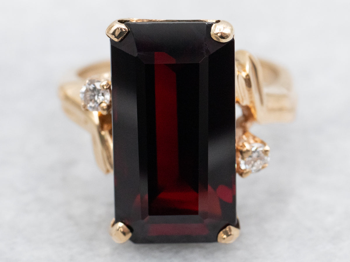 Elongated Garnet Bypass Ring with Diamond Accents