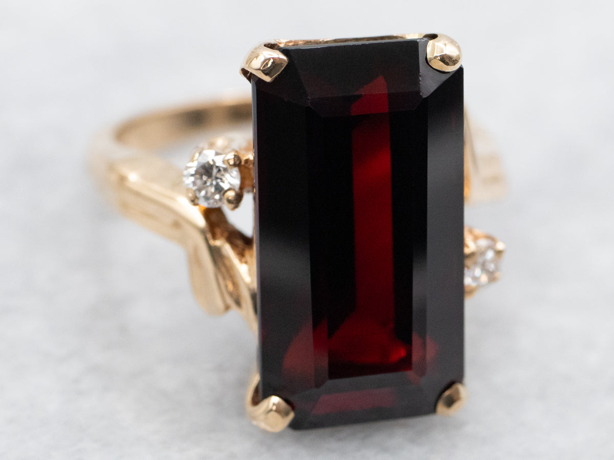 Elongated Garnet Bypass Ring with Diamond Accents