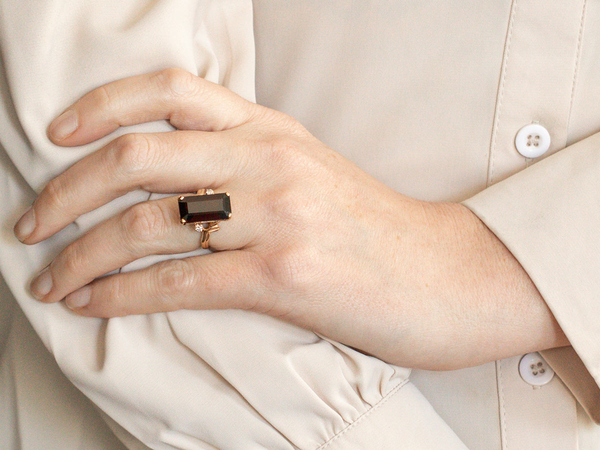 Elongated Garnet Bypass Ring with Diamond Accents