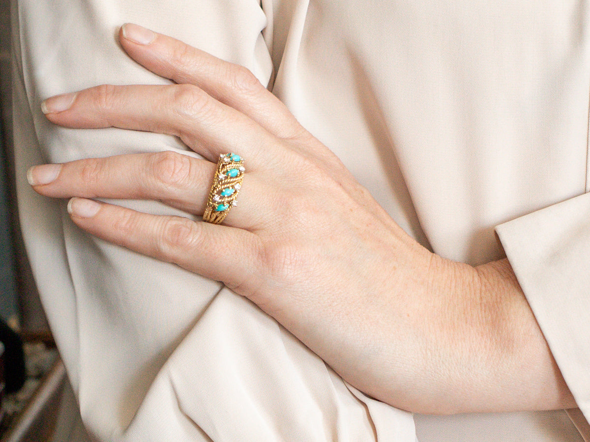 Textured 18-Karat Gold Turquoise and Diamond Ring