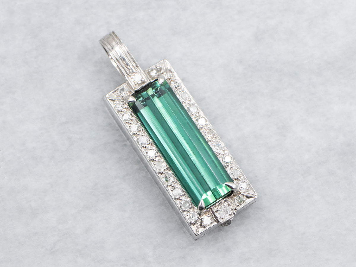 Retro Platinum Green Tourmaline Opening Pendant with Diamond Halo