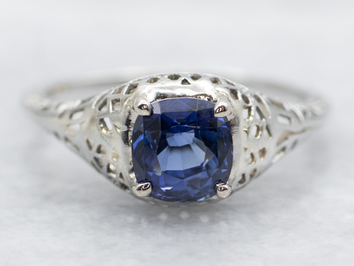 White Gold Art Deco Sapphire Solitaire Ring