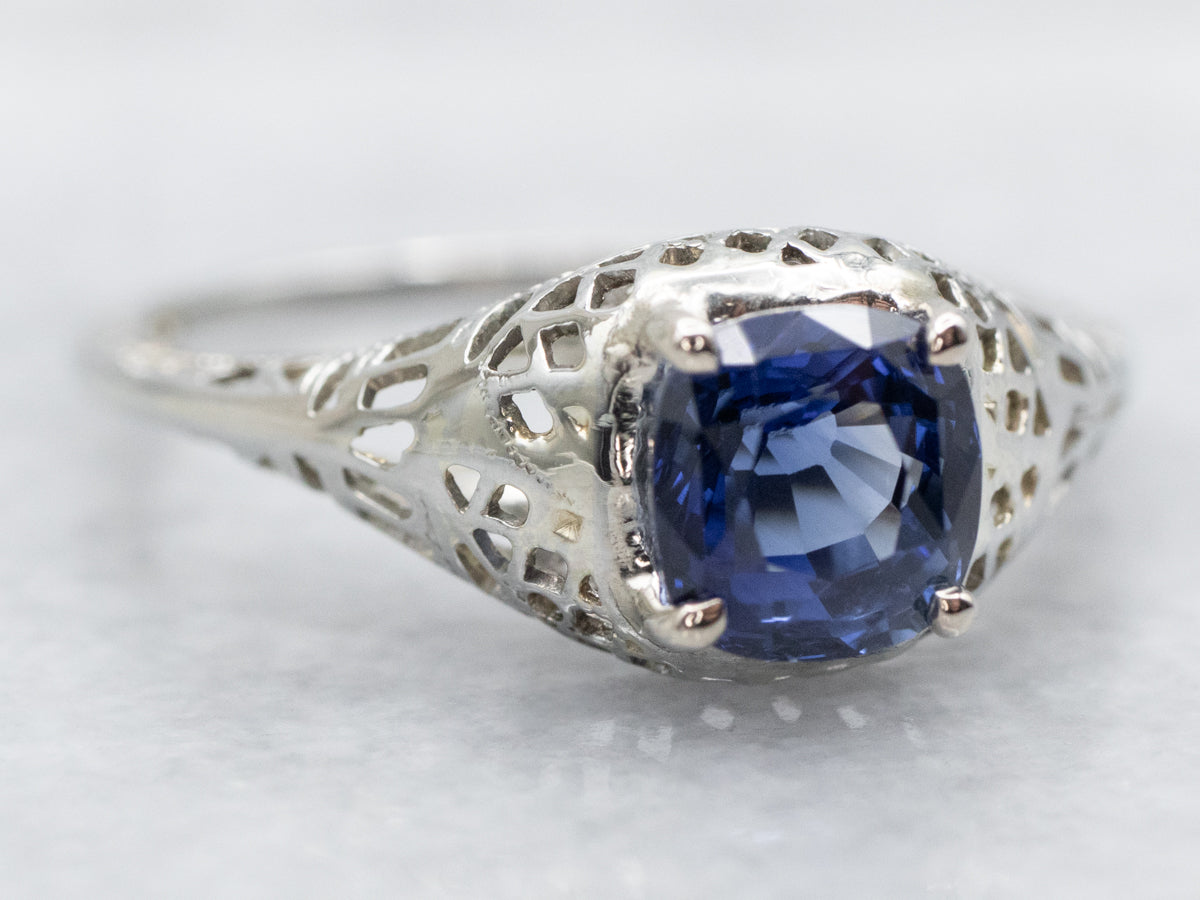 White Gold Art Deco Sapphire Solitaire Ring