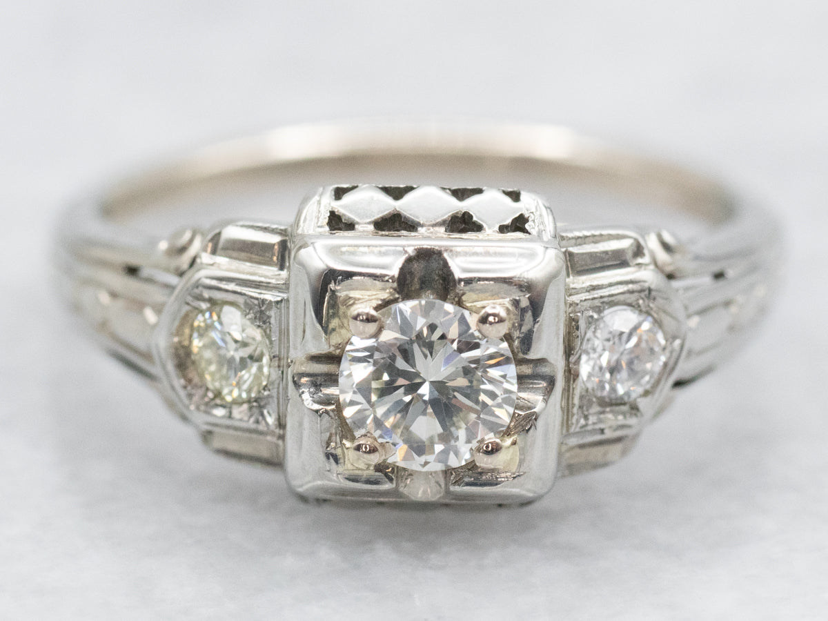 Late Deco Three Stone Diamond Engagement Ring