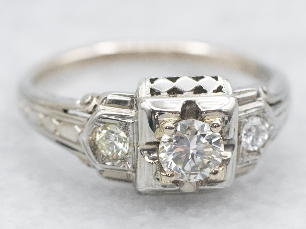 Late Deco Three Stone Diamond Engagement Ring