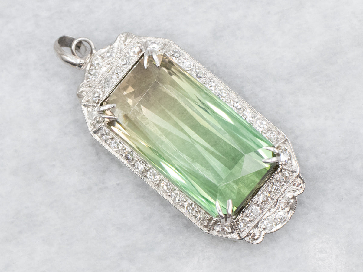 Platinum Retro Bi-Color Green Tourmaline and Diamond Pendant