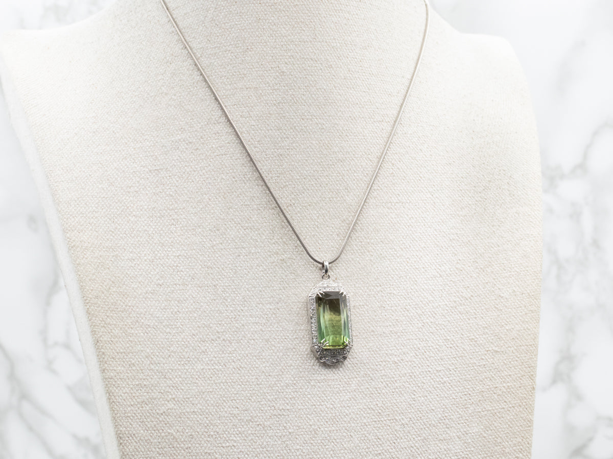 Platinum Retro Bi-Color Green Tourmaline and Diamond Pendant