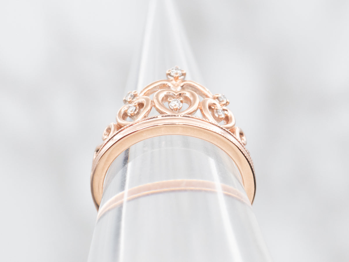 Ornate Rose Gold Diamond Crown Ring