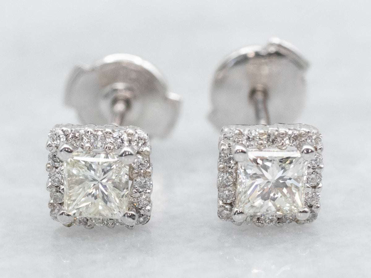 18K Princess Cut Diamond Halo Stud Earrings