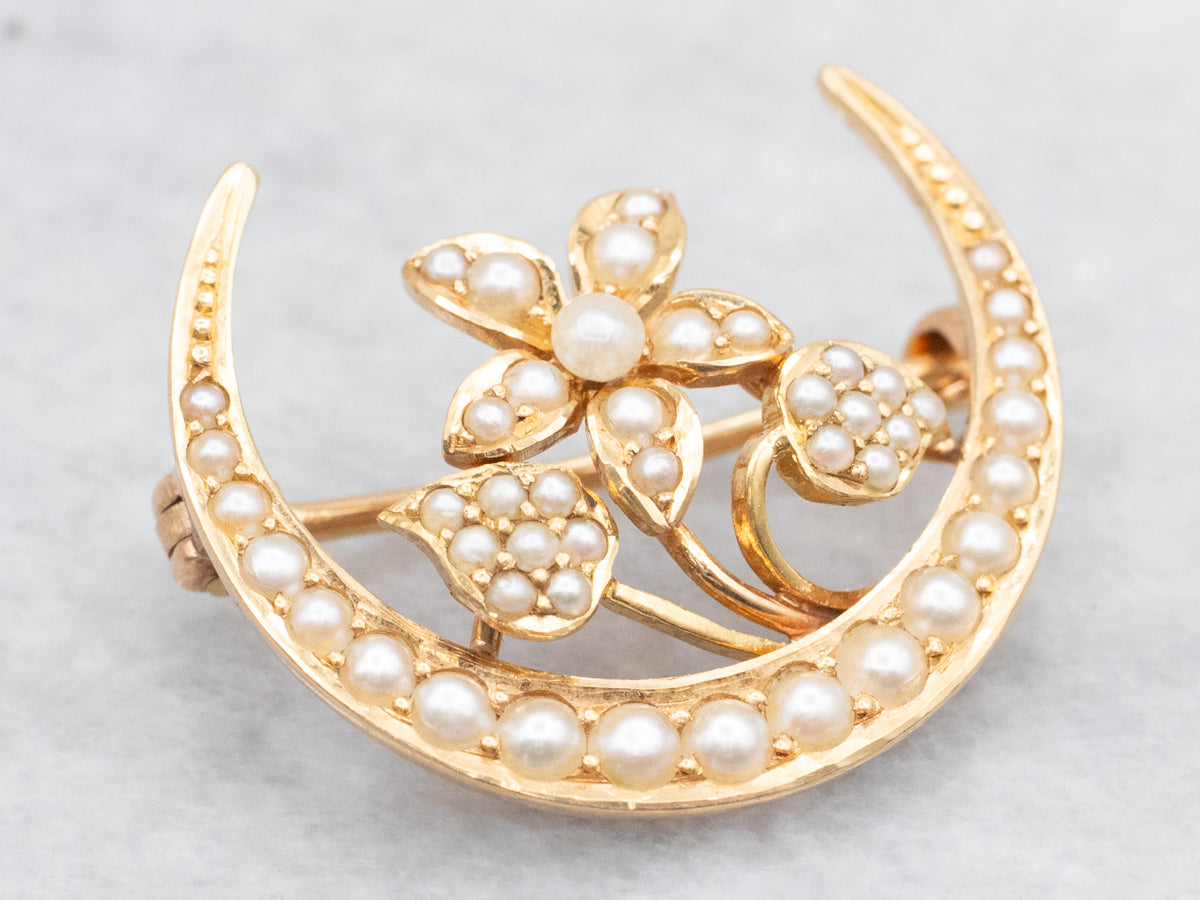 Art Nouveau Seed Pearl Moon and Flower Brooch