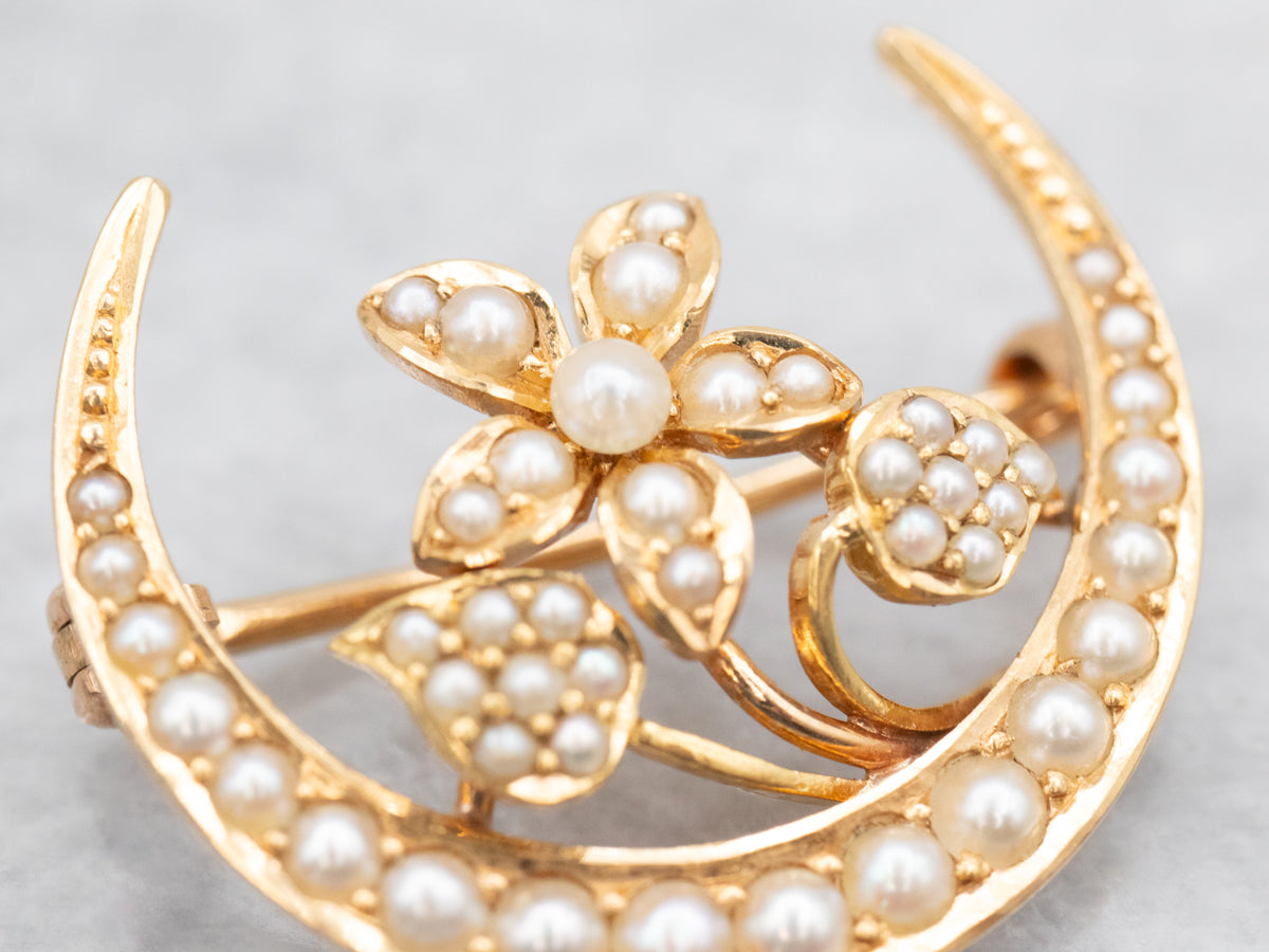 Art Nouveau Seed Pearl Moon and Flower Brooch