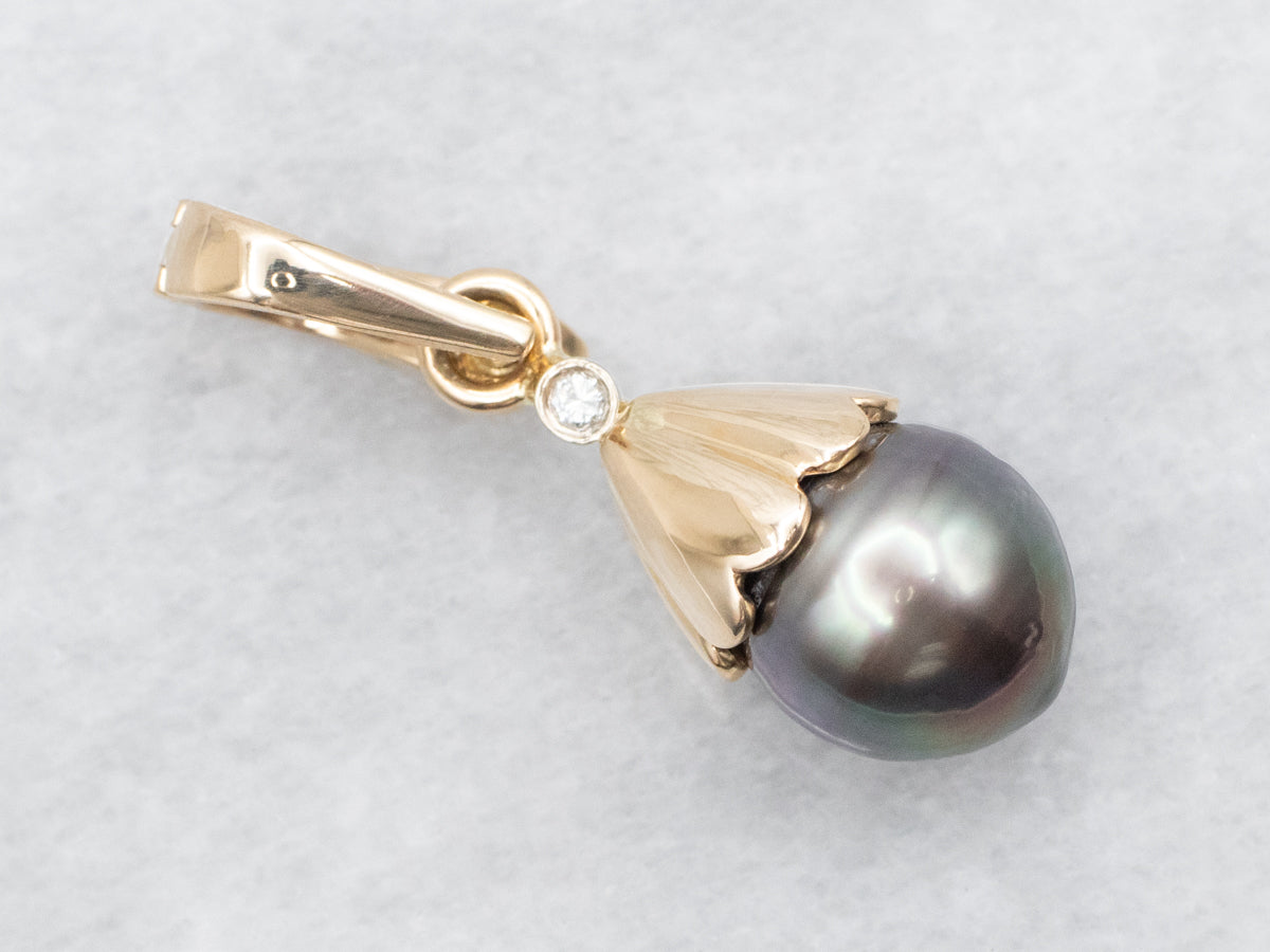 Black Pearl and Diamond Drop Pendant