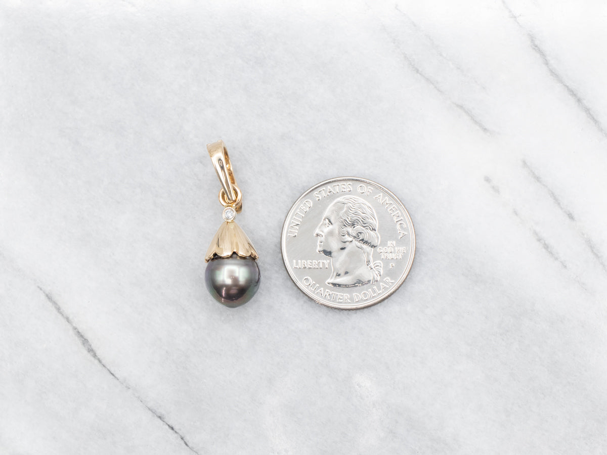 Black Pearl and Diamond Drop Pendant