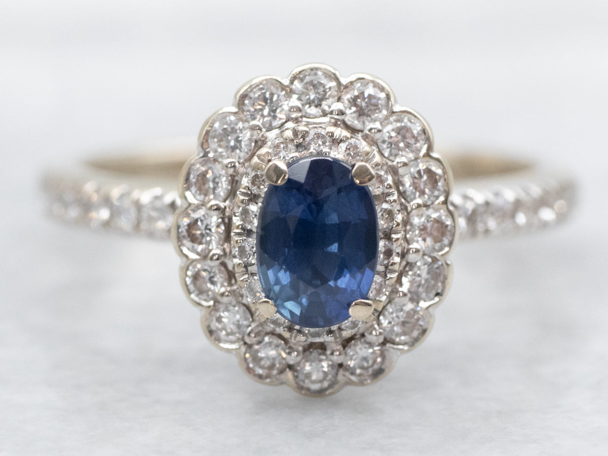 Modern Sapphire and Diamond Halo Engagement Ring