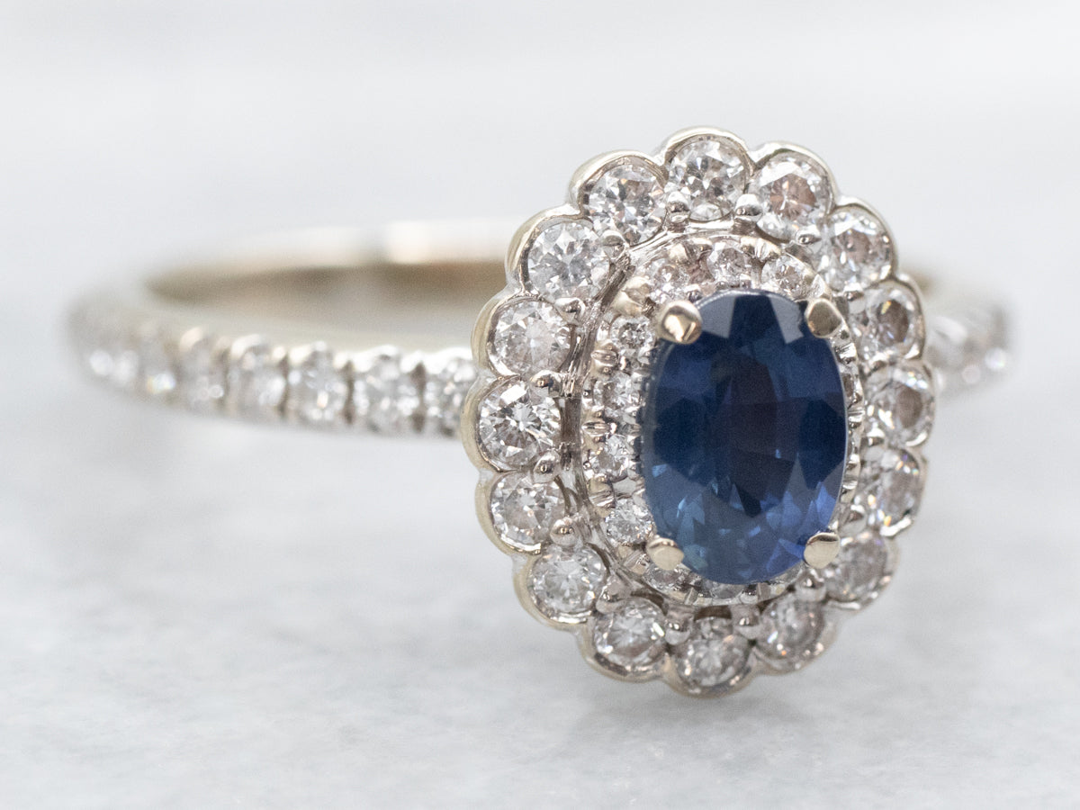 Modern Sapphire and Diamond Halo Engagement Ring