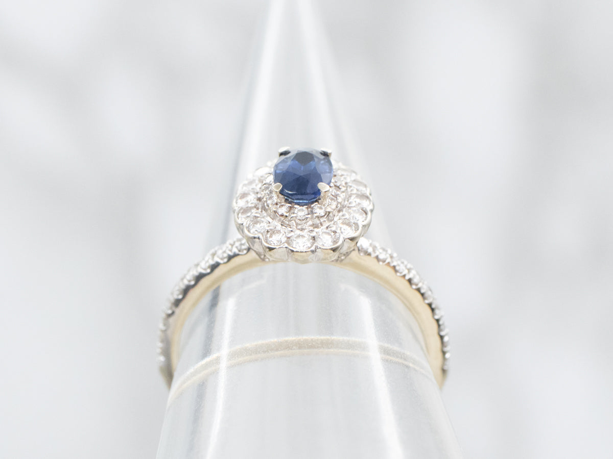 Modern Sapphire and Diamond Halo Engagement Ring