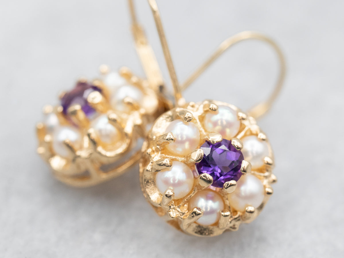 Amethyst and Seed Pearl Halo Drop Earrings