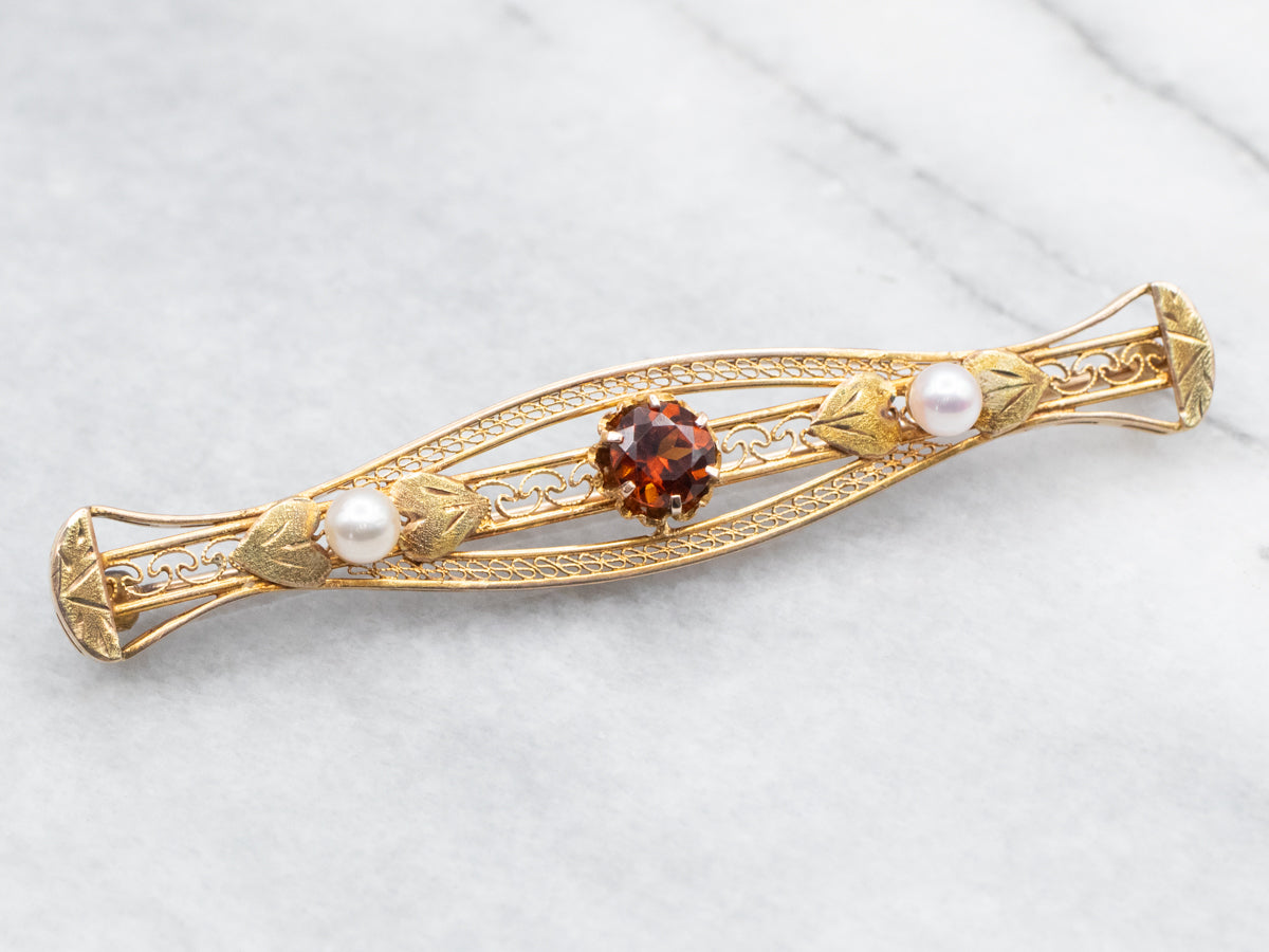 Antique Hessonite Garnet and Pearl Bar Pin