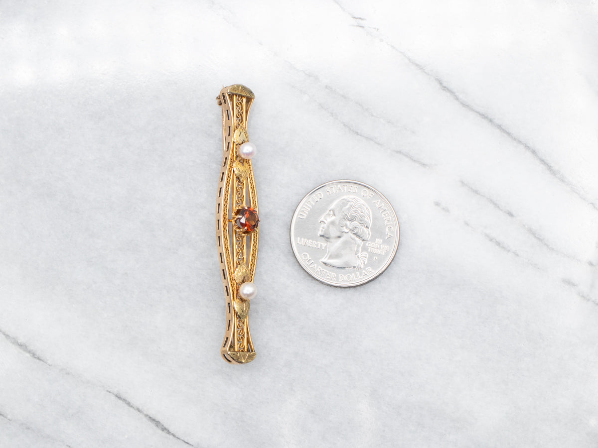 Antique Hessonite Garnet and Pearl Bar Pin