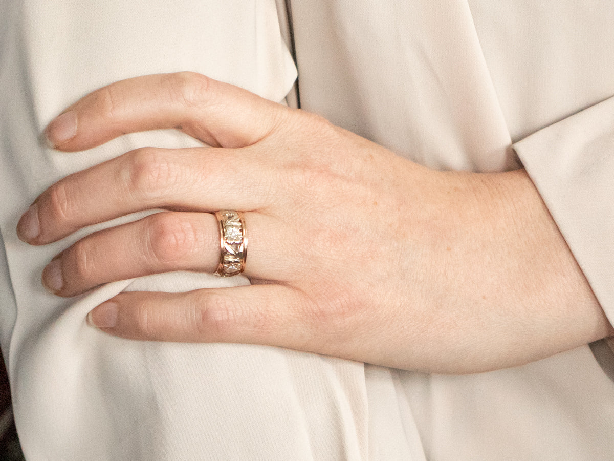 Two Tone Floral Diamond Openwork Band