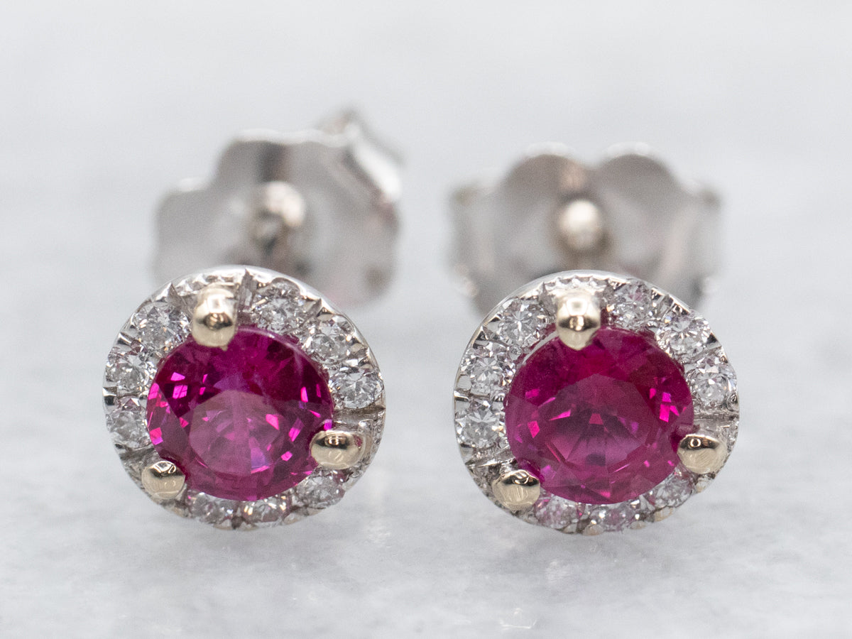 Ruby Stud Earrings with Diamond Halo