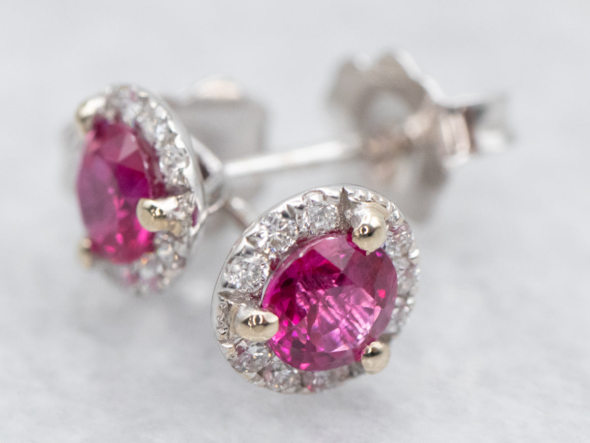 Ruby Stud Earrings with Diamond Halo