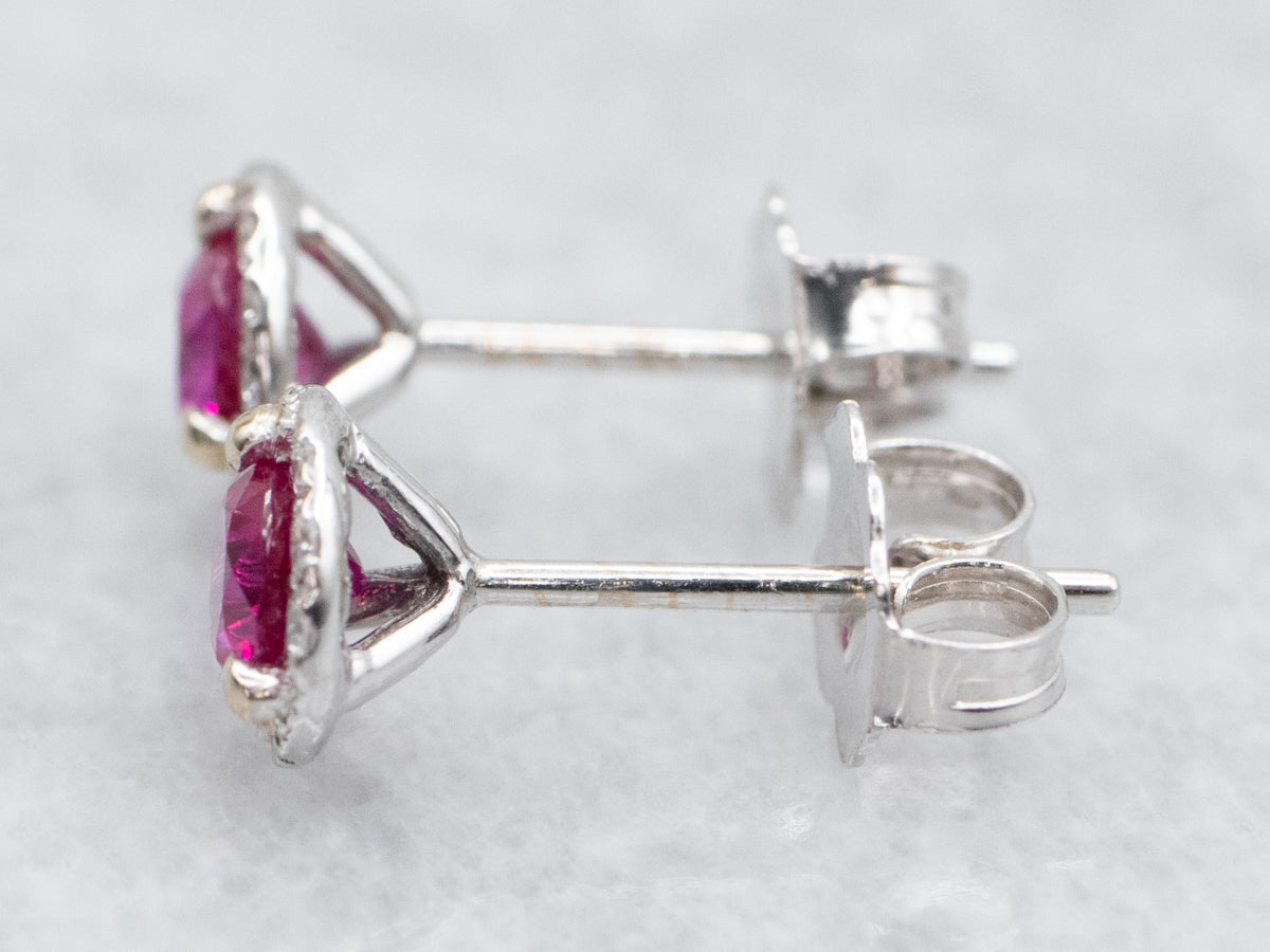 Ruby Stud Earrings with Diamond Halo