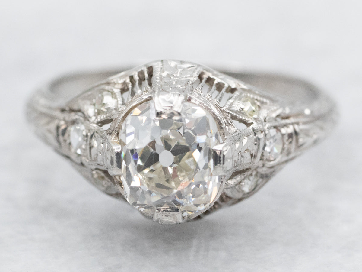 Platinum Art Deco Old Mine Cut Diamond Engagement Ring