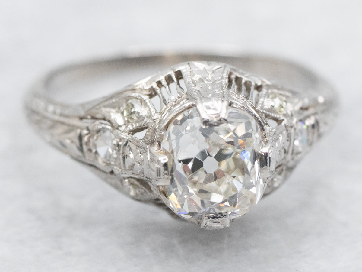 Platinum Art Deco Old Mine Cut Diamond Engagement Ring