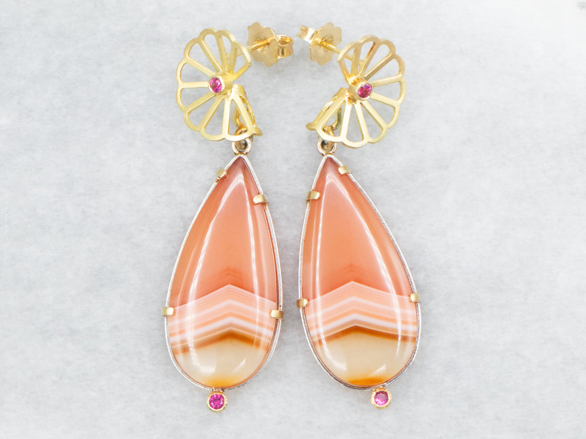 Handmade Gold Agate Drop Earrings with Pink Tourmaline Accents