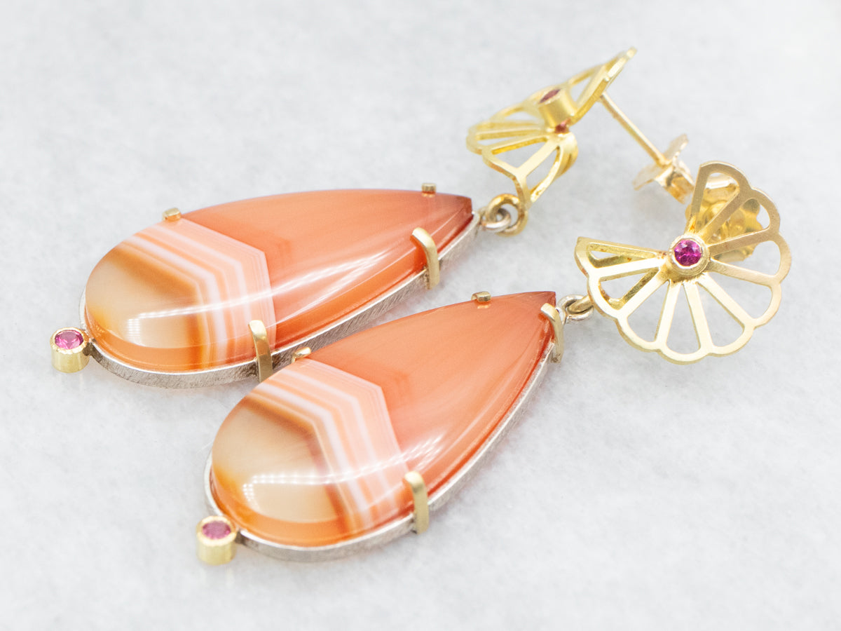 Handmade Gold Agate Drop Earrings with Pink Tourmaline Accents