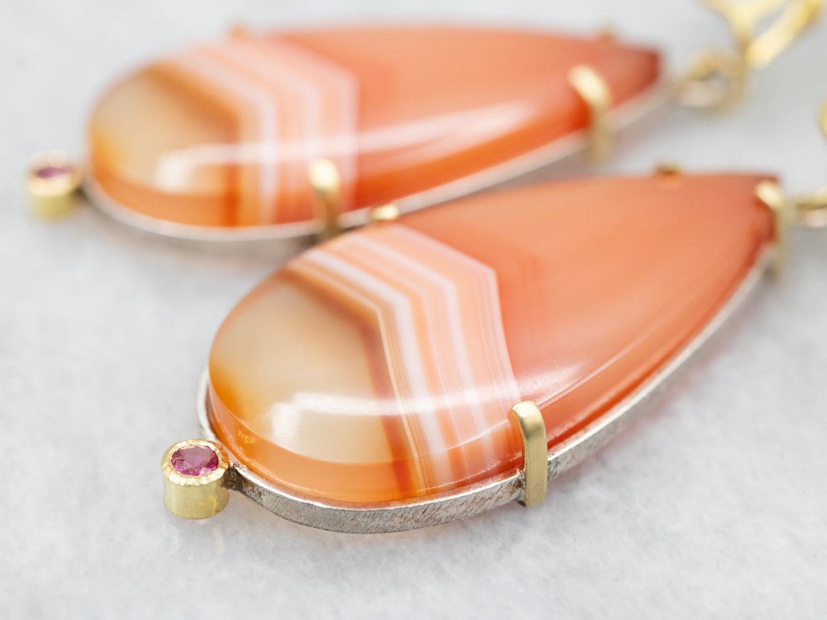 Handmade Gold Agate Drop Earrings with Pink Tourmaline Accents