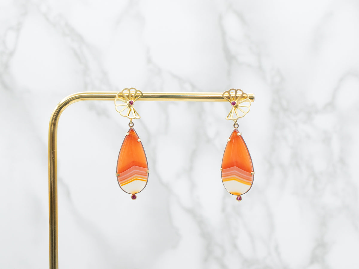 Handmade Gold Agate Drop Earrings with Pink Tourmaline Accents