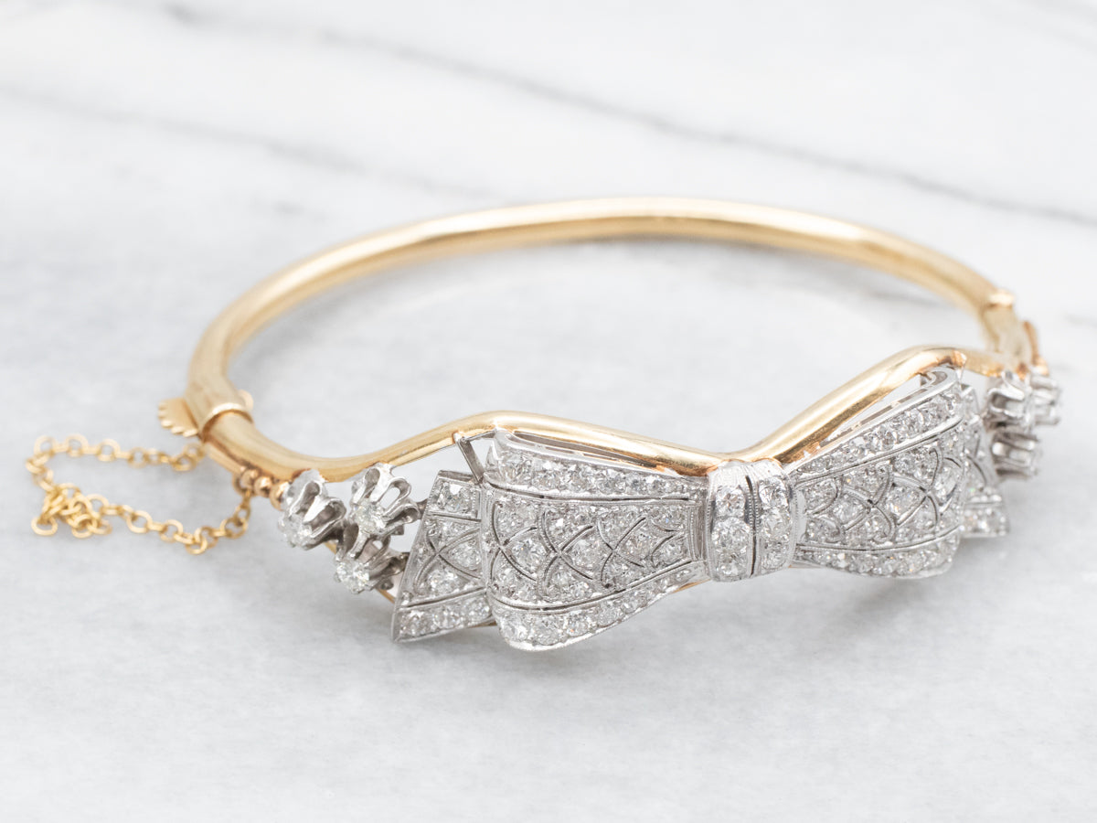 Edwardian Diamond Encrusted Platinum and Gold Ribbon Bracelet