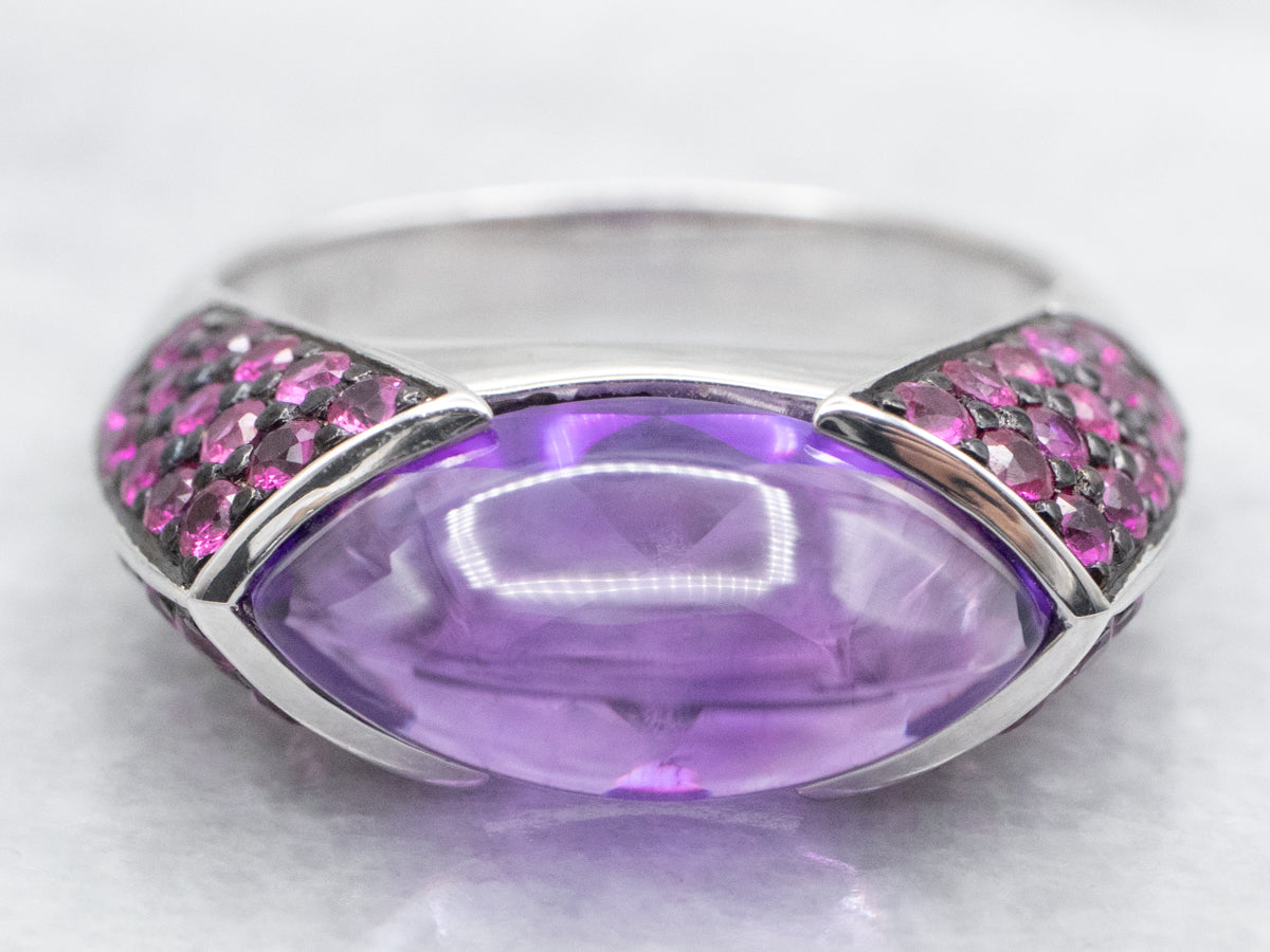 White Gold Amethyst Statement Ring with Pink Sapphire Accents