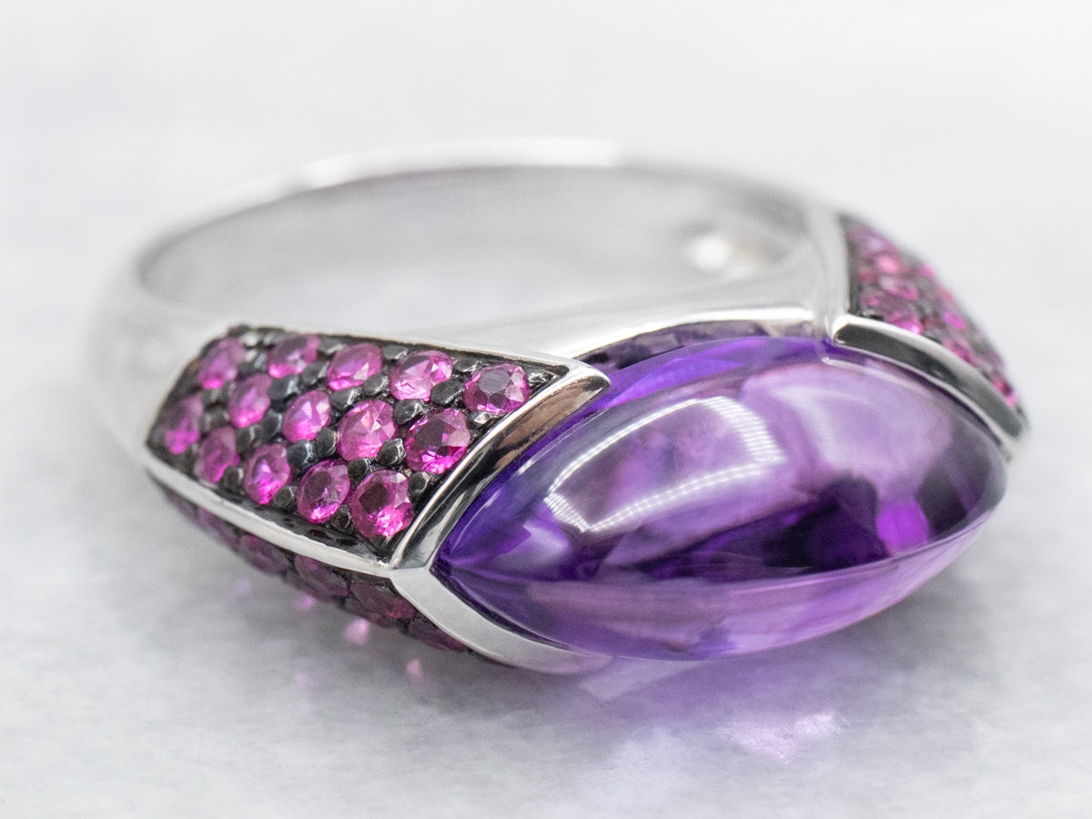 White Gold Amethyst Statement Ring with Pink Sapphire Accents