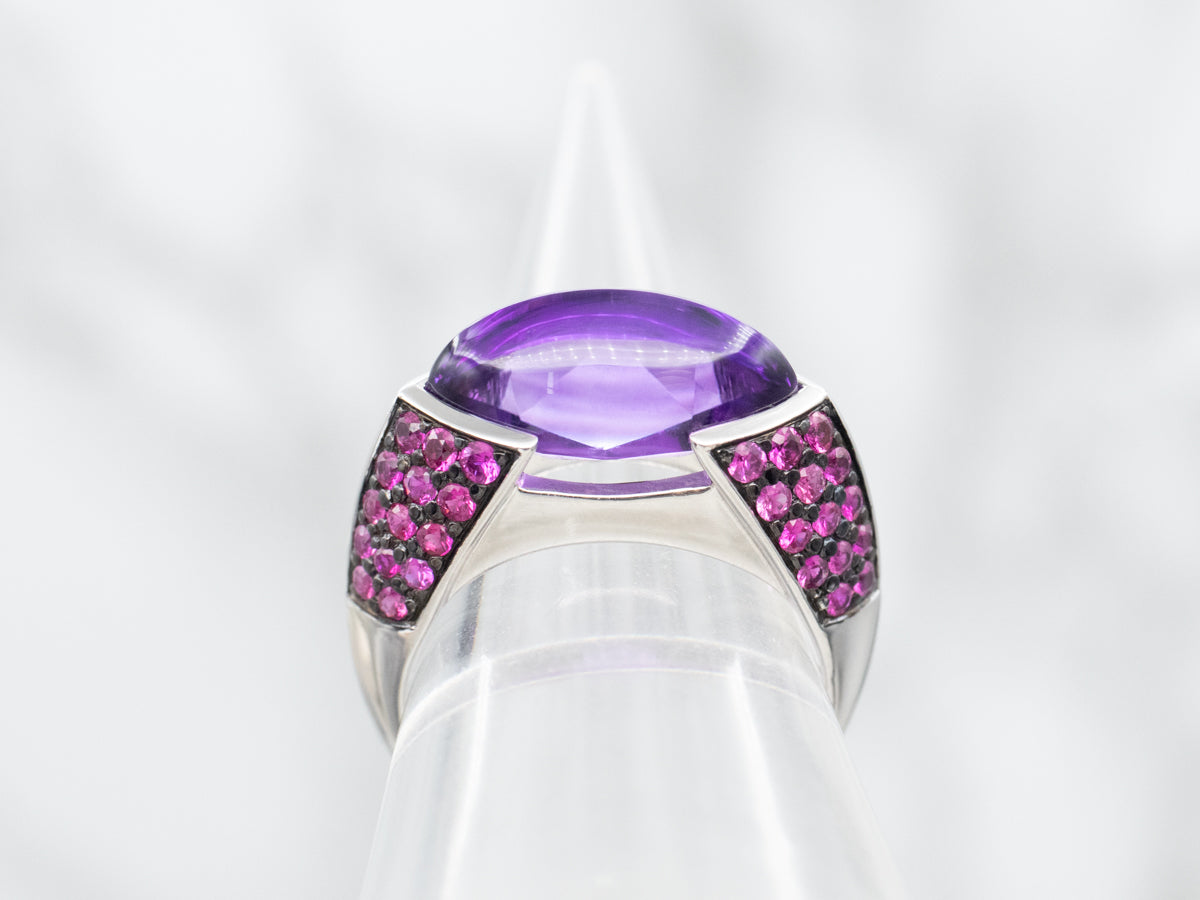 White Gold Amethyst Statement Ring with Pink Sapphire Accents