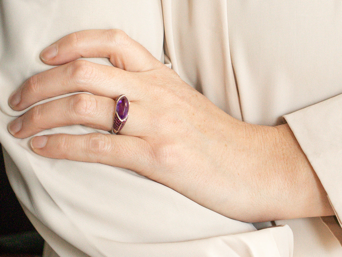 White Gold Amethyst Statement Ring with Pink Sapphire Accents