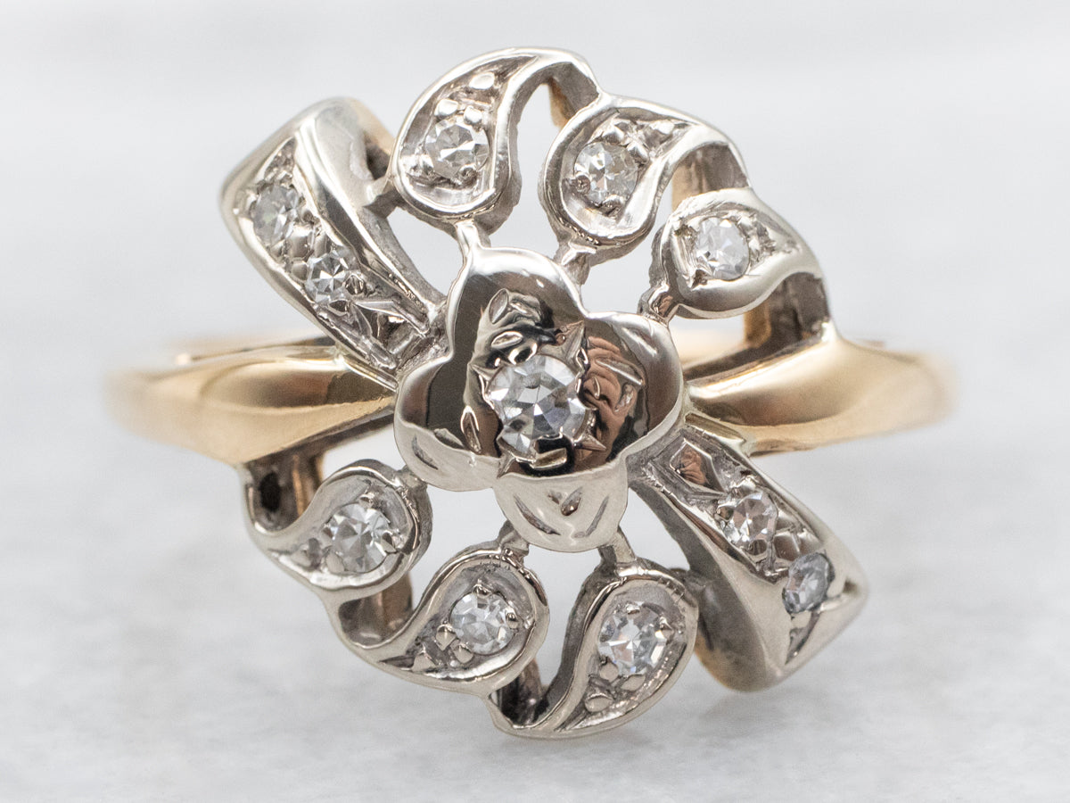 Retro Two Tone Floral Diamond Cocktail Ring