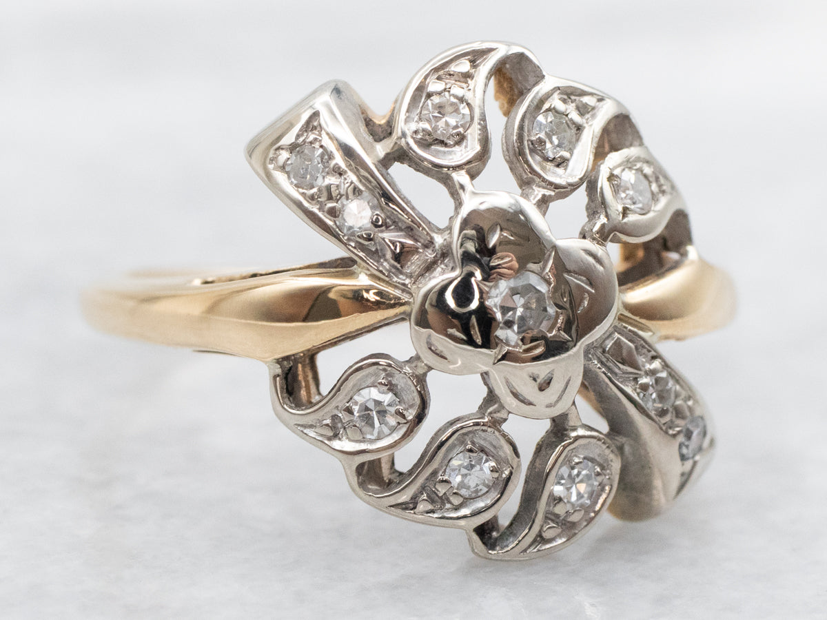 Retro Two Tone Floral Diamond Cocktail Ring