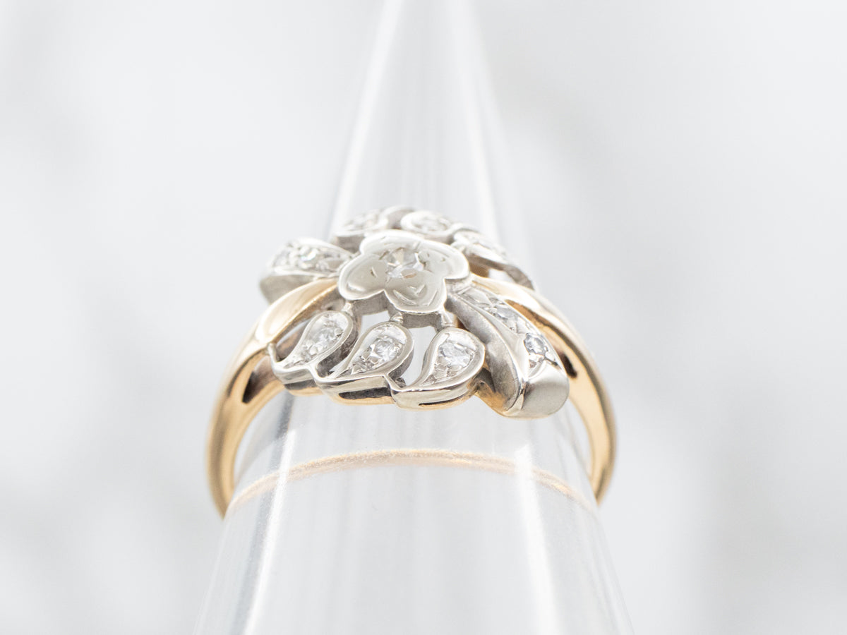 Retro Two Tone Floral Diamond Cocktail Ring