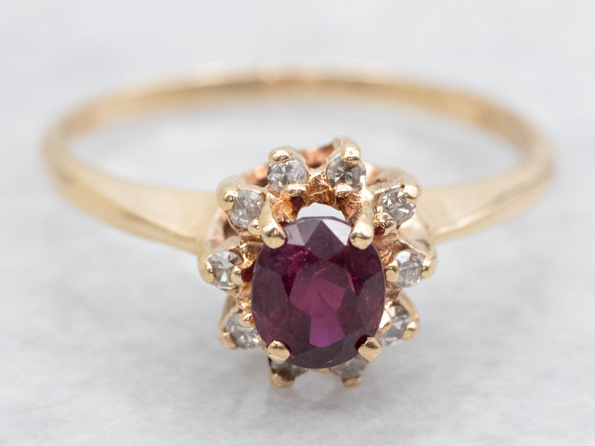 Pretty Vintage Ruby and Diamond Halo Ring