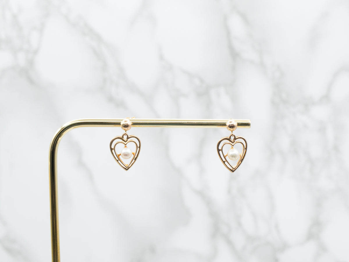 Polished Gold Heart and Pearl Drop Earrings