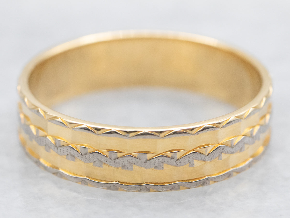 Faceted Two Tone 18-Karat Gold Pattern Band