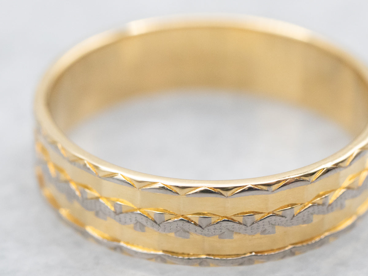 Faceted Two Tone 18-Karat Gold Pattern Band