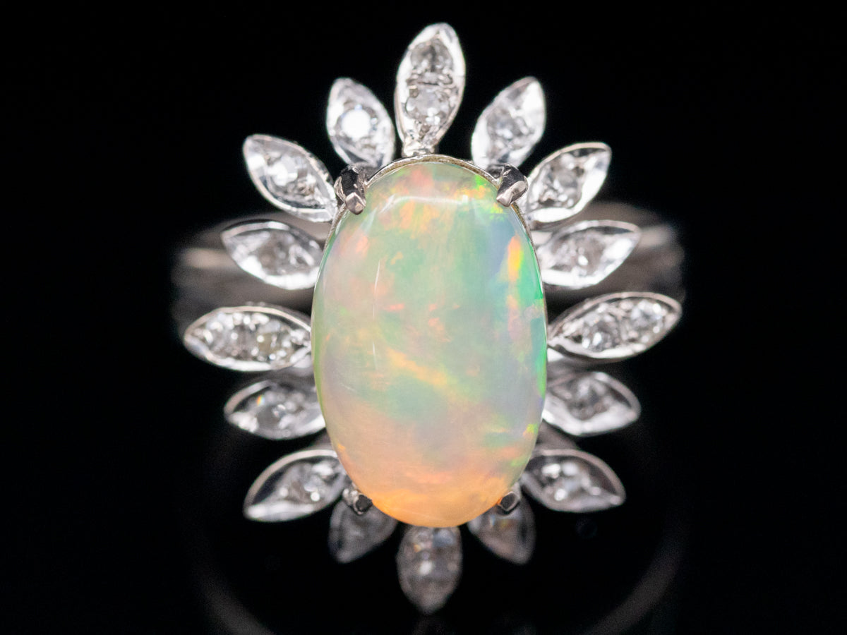 Floral Opal and Diamond Halo Cocktail Ring