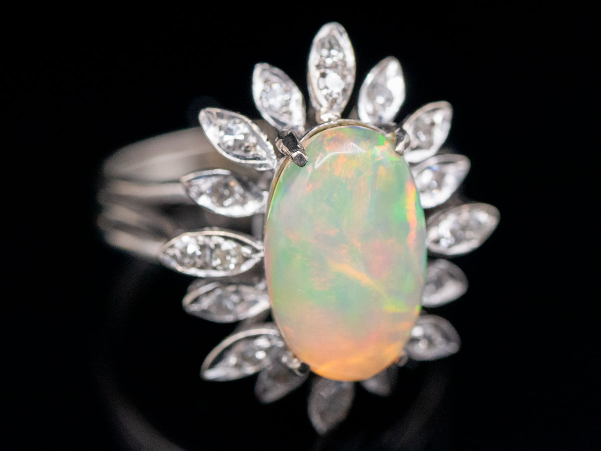 Floral Opal and Diamond Halo Cocktail Ring