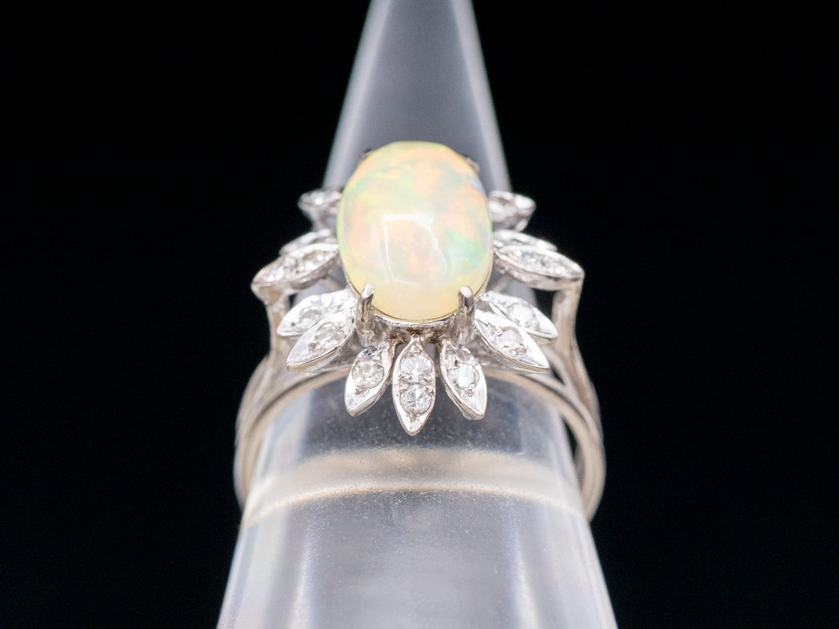 Floral Opal and Diamond Halo Cocktail Ring